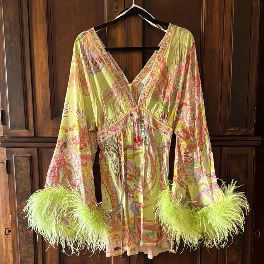 Camilla Cosmic Tuscan Kimono Mini Dress w/feathers sz XS